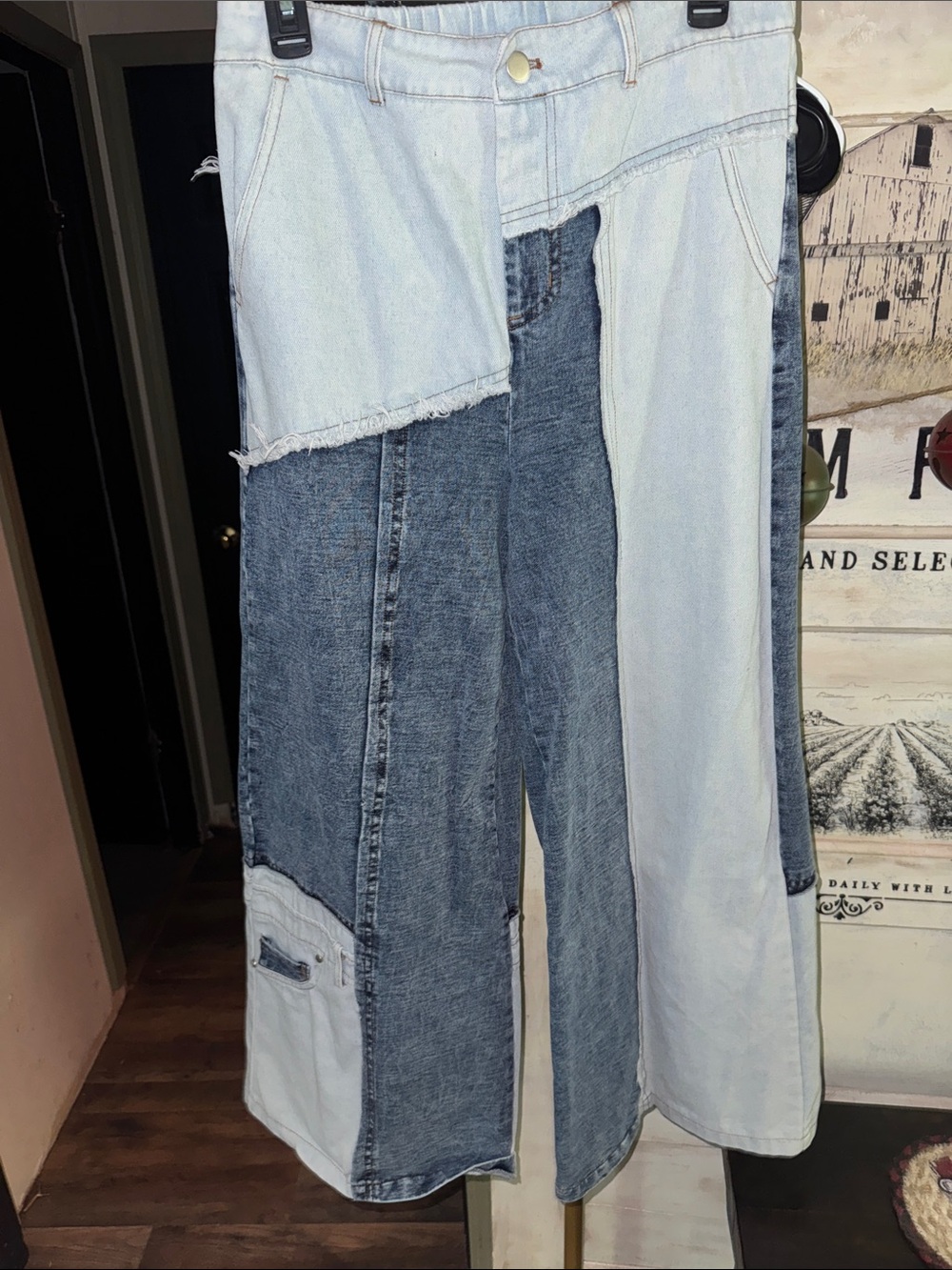 Oli & Hali Two-Tone Patchwork Wide-Leg Jeans in Light and Dark Blue